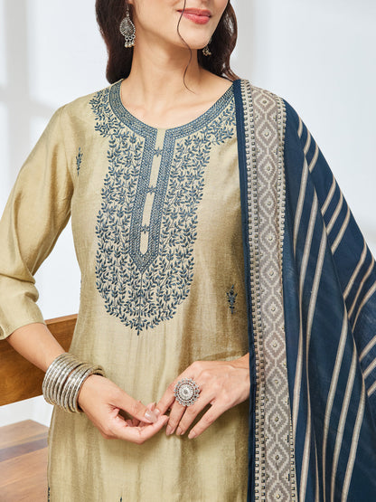 Janasya Women's Light Olive Chanderi Yoke Embroidered Straight Kurta Set