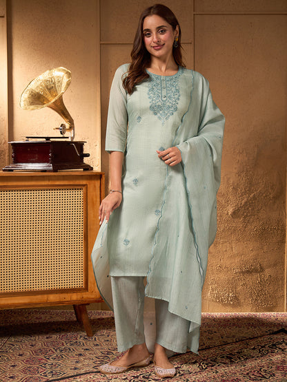 Janasya Women's Sage Green Cotton Blend Yoke Embroidered Straight Kurta Set