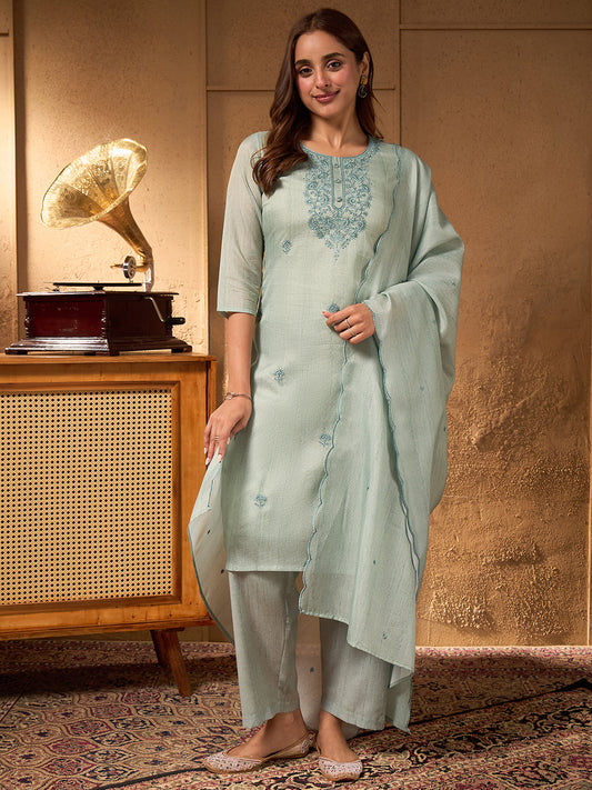 Janasya Women's Sage Green Cotton Blend Yoke Embroidered Straight Kurta Set