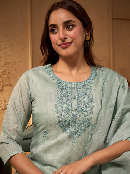 Janasya Women's Sage Green Cotton Blend Yoke Embroidered Straight Kurta Set