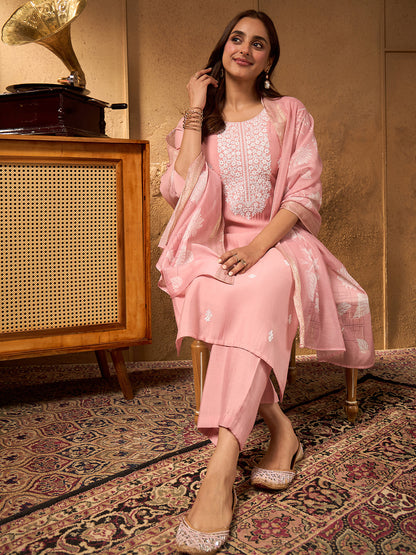 Janasya Women's Baby Pink Chanderi Silk Floral Embroidered Straight Kurta Set with Printed Dupatta