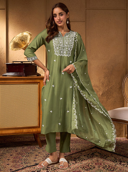 Janasya Women's Sage Green Silk Blend Floral Embroidered Straight Kurta Set