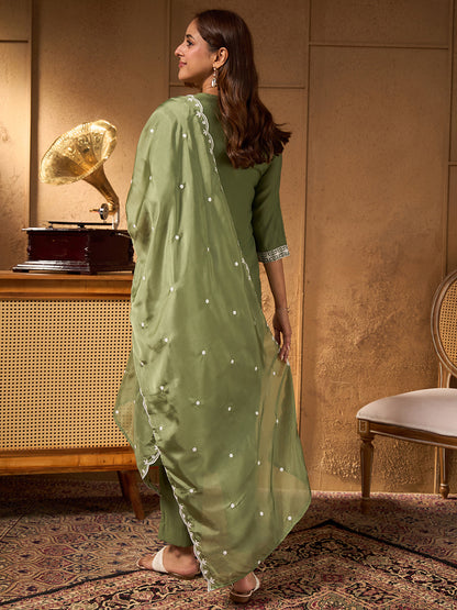 Janasya Women's Sage Green Silk Blend Floral Embroidered Straight Kurta Set