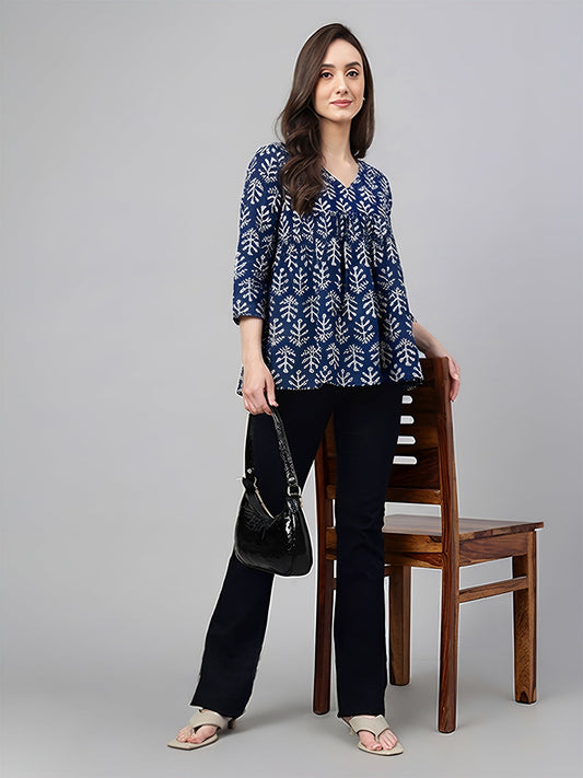 Janasya Women's Blue Pure Cotton Ethnic Motifs Printed A-Line Top