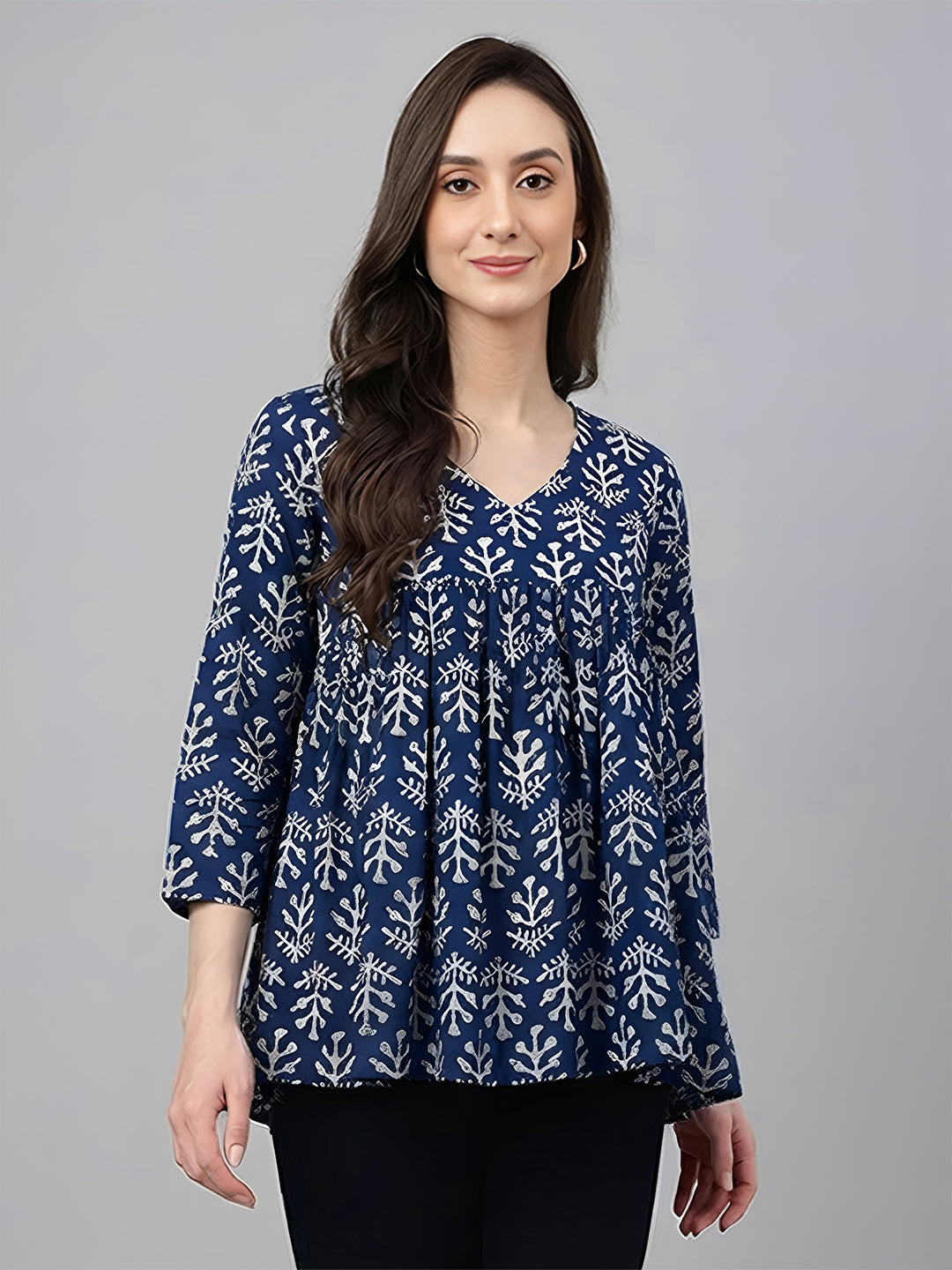 Janasya Women's Blue Pure Cotton Ethnic Motifs Printed A-Line Top