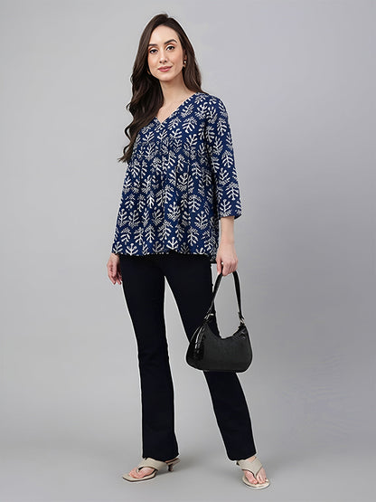 Janasya Women's Blue Pure Cotton Ethnic Motifs Printed A-Line Top