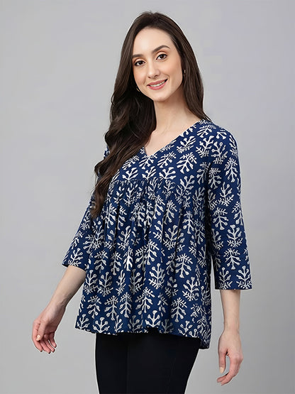 Janasya Women's Blue Pure Cotton Ethnic Motifs Printed A-Line Top