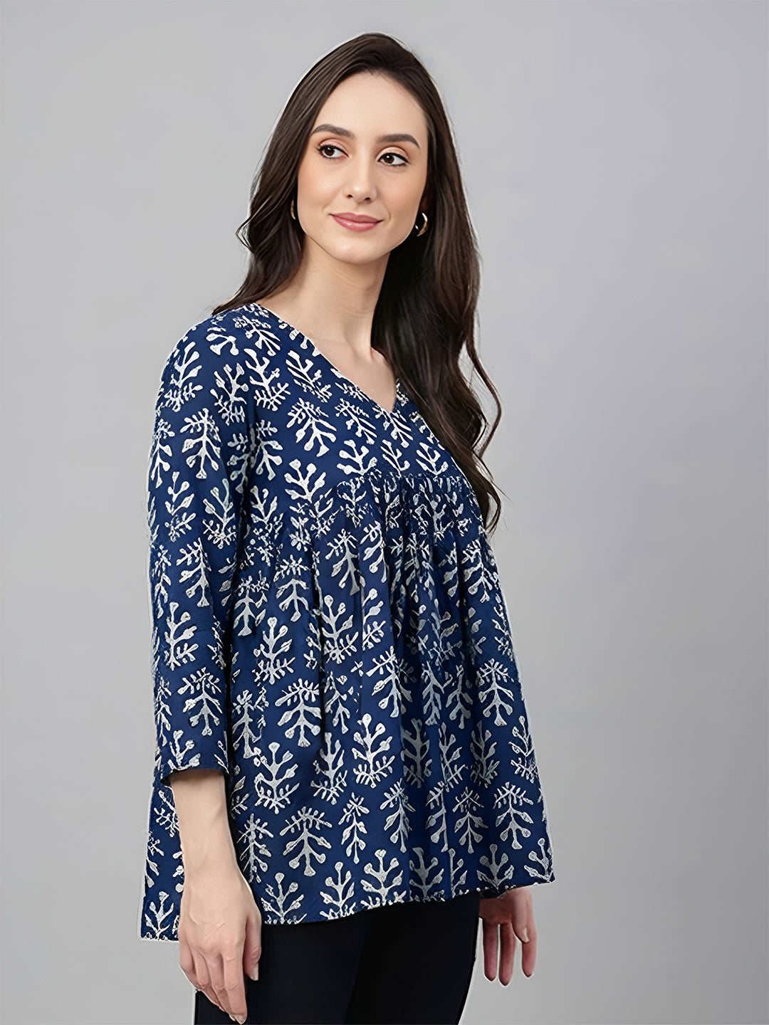 Janasya Women's Blue Pure Cotton Ethnic Motifs Printed A-Line Top
