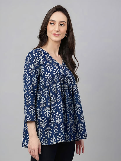 Janasya Women's Blue Pure Cotton Ethnic Motifs Printed A-Line Top