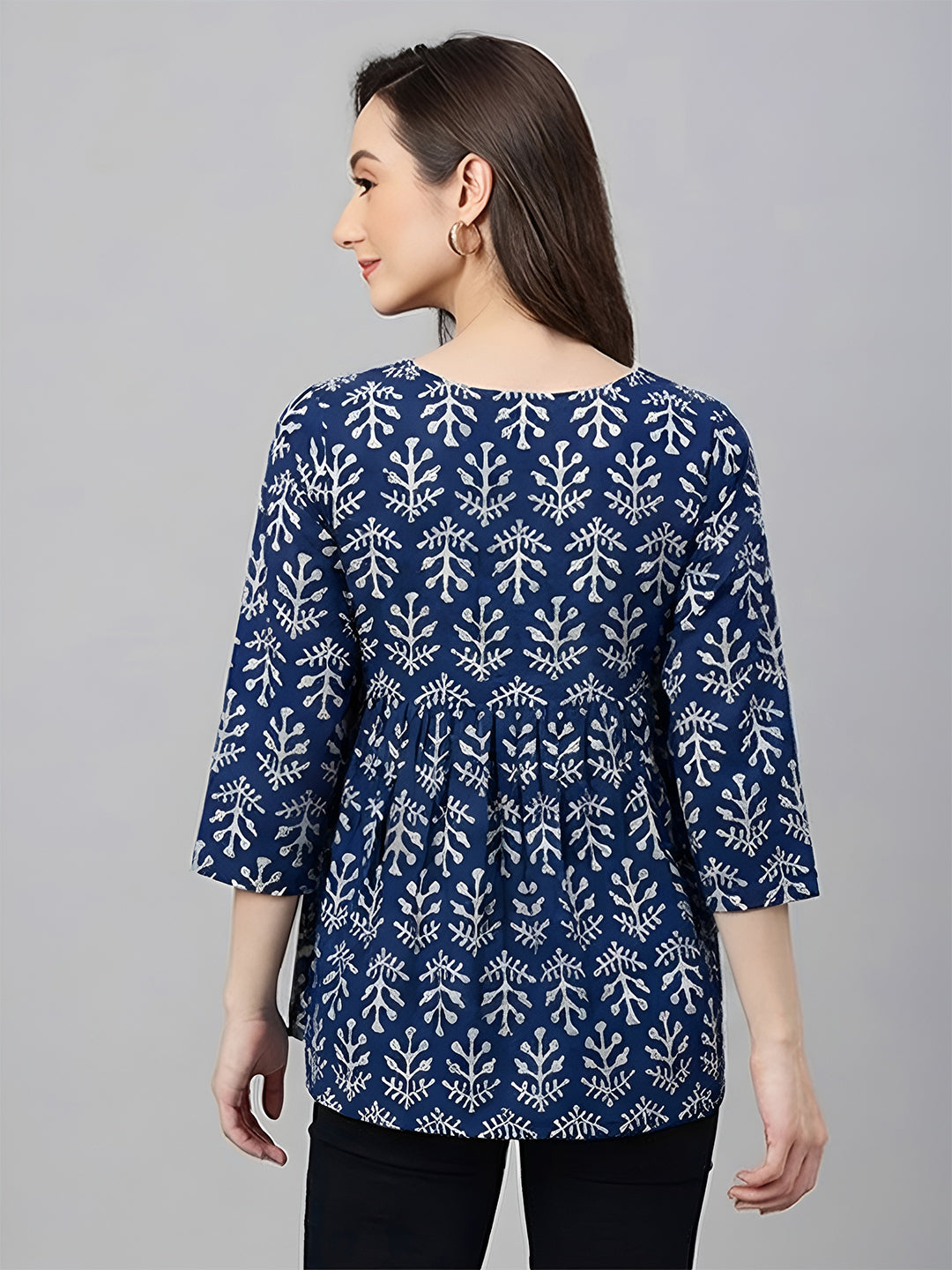Janasya Women's Blue Pure Cotton Ethnic Motifs Printed A-Line Top