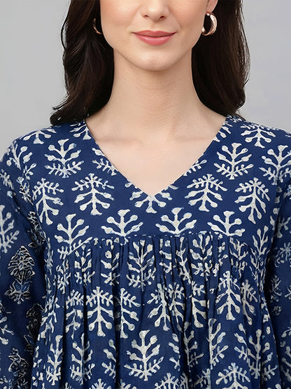 Janasya Women's Blue Pure Cotton Ethnic Motifs Printed A-Line Top