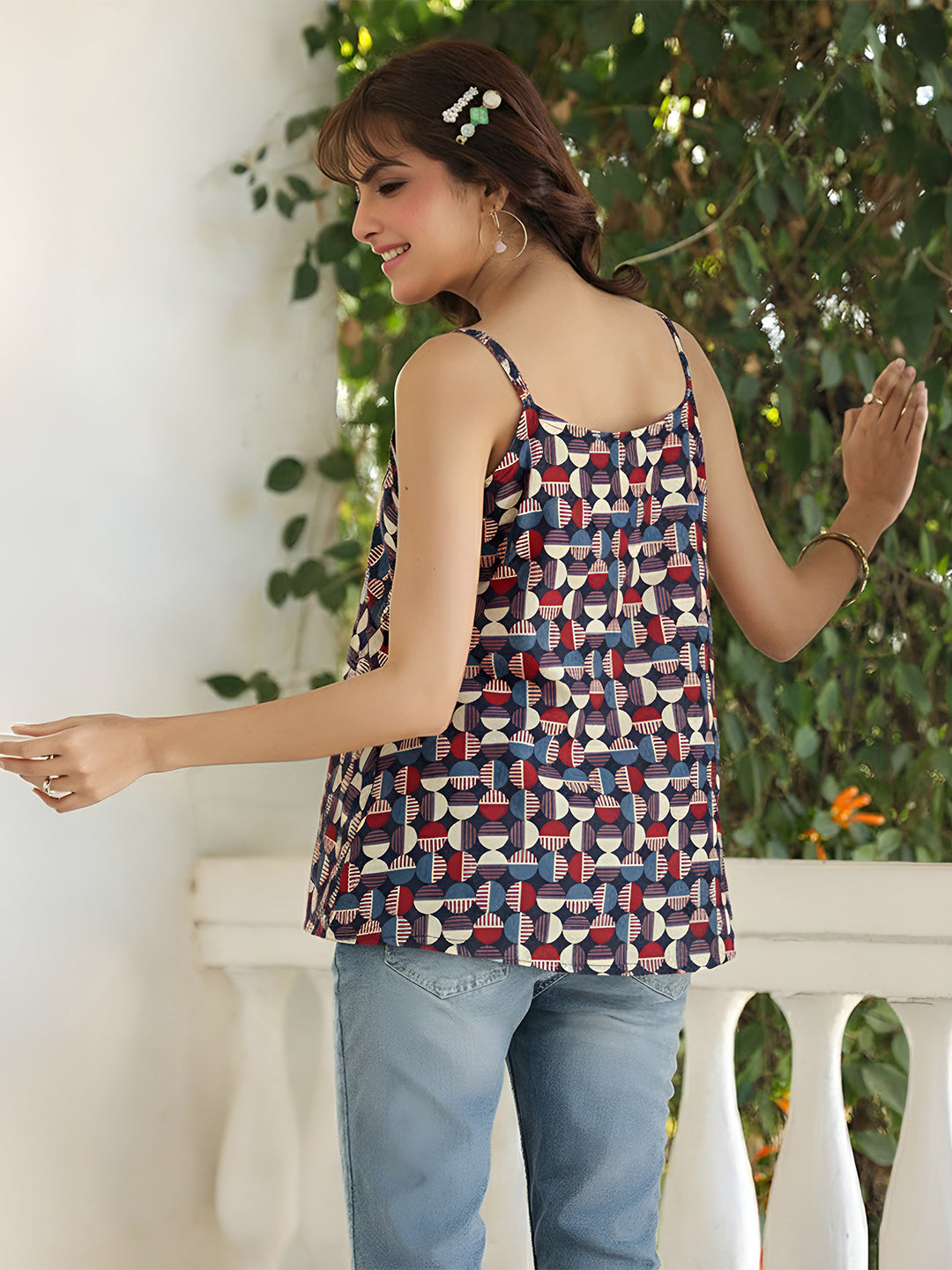 Janasya Women's Multicolour Pure Cotton Geometric Printed Top
