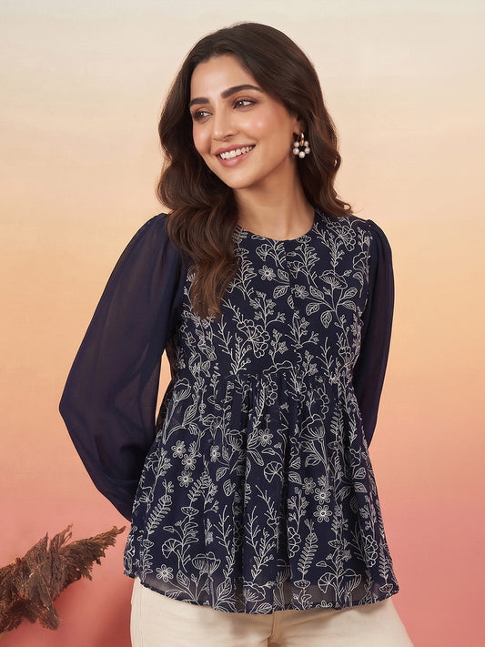 Janasya Women's Navy Blue Georgette Floral Rubber Print Peplum Top