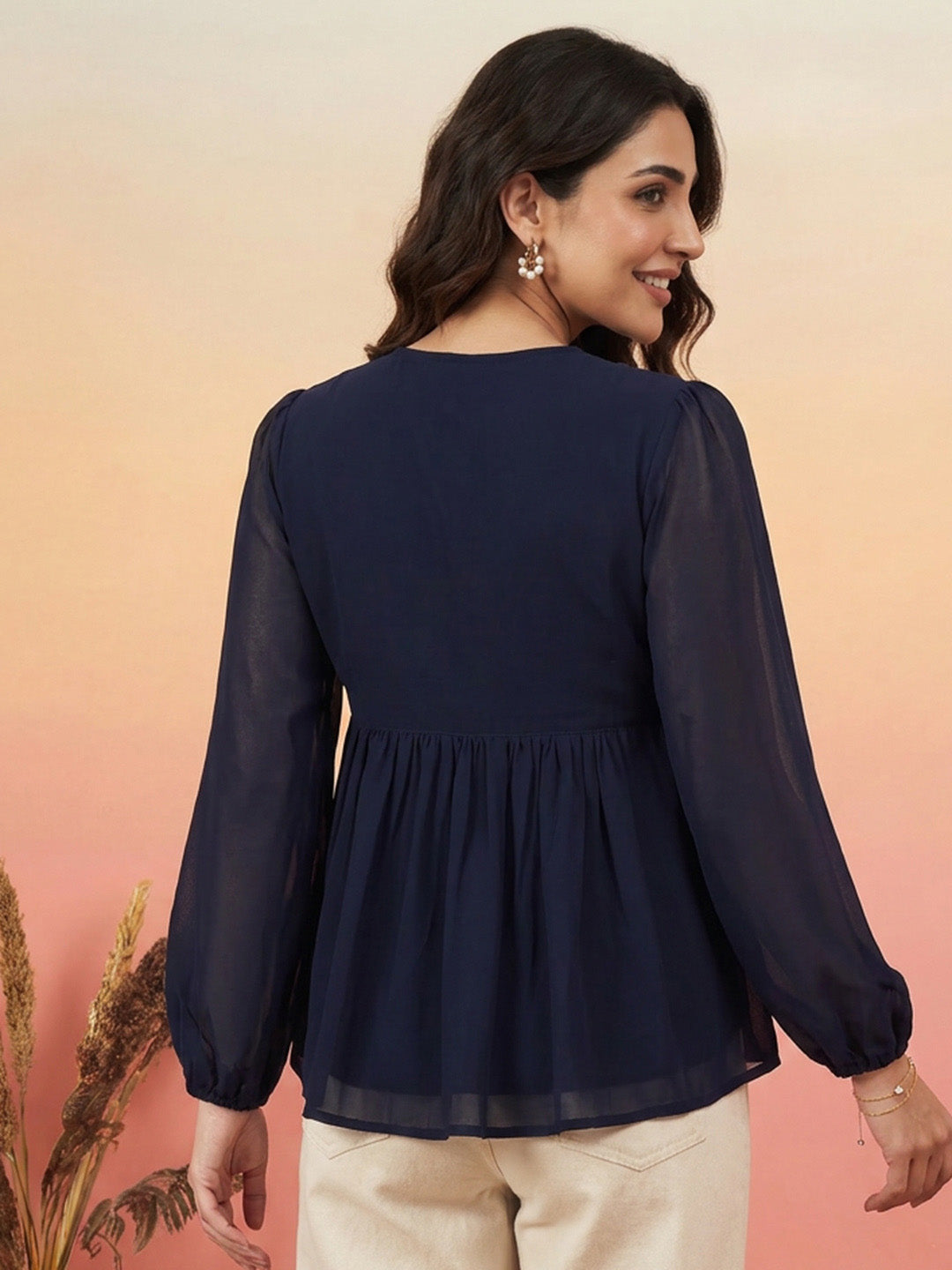 Janasya Women's Navy Blue Georgette Floral Rubber Print Peplum Top
