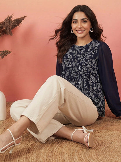 Janasya Women's Navy Blue Georgette Floral Rubber Print Peplum Top