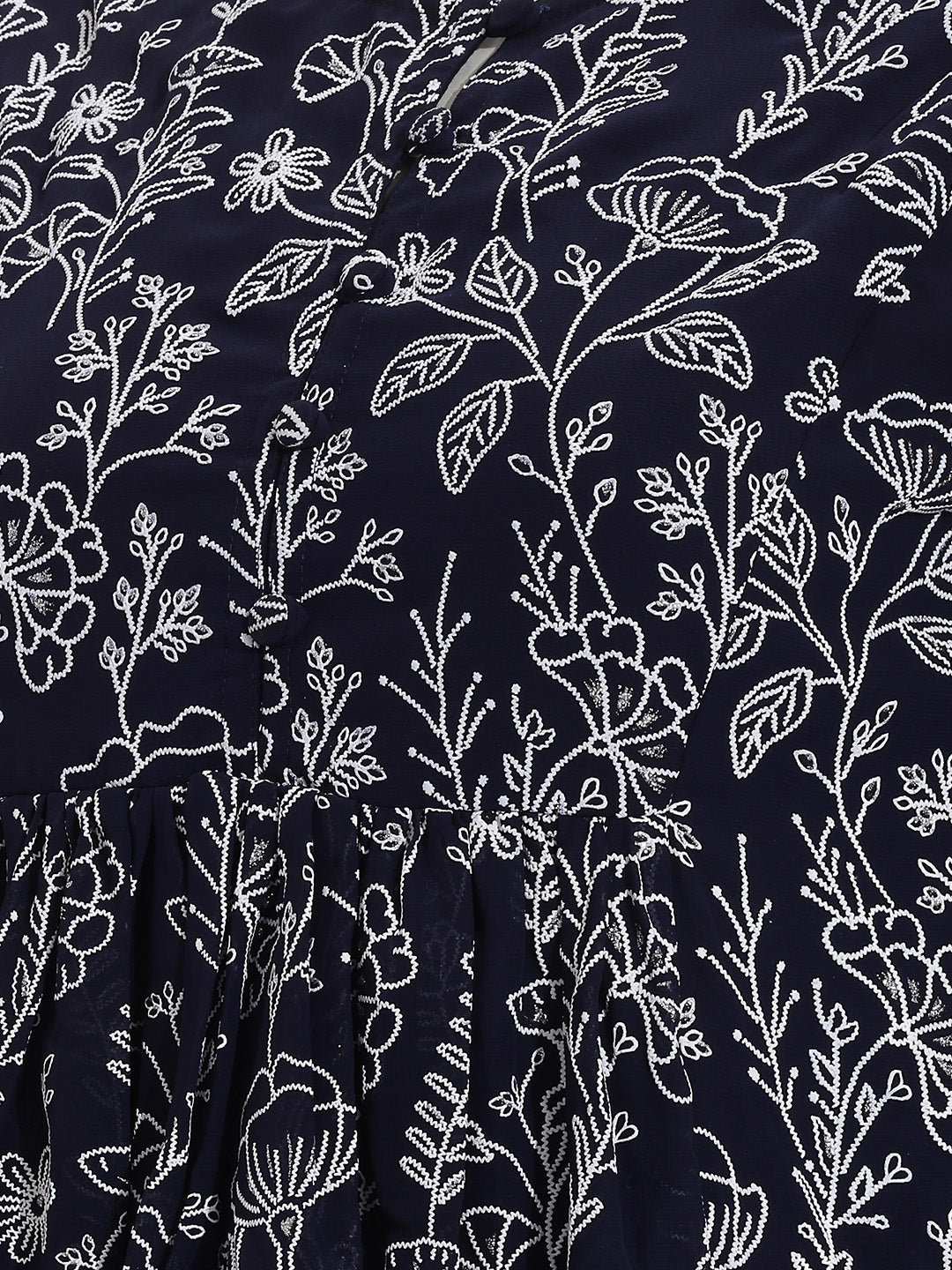 Janasya Women's Navy Blue Georgette Floral Rubber Print Peplum Top