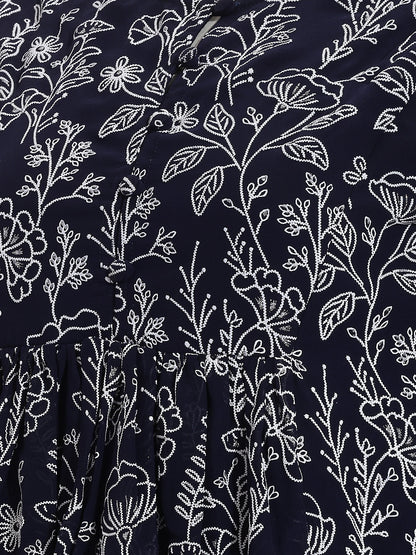 Janasya Women's Navy Blue Georgette Floral Rubber Print Peplum Top