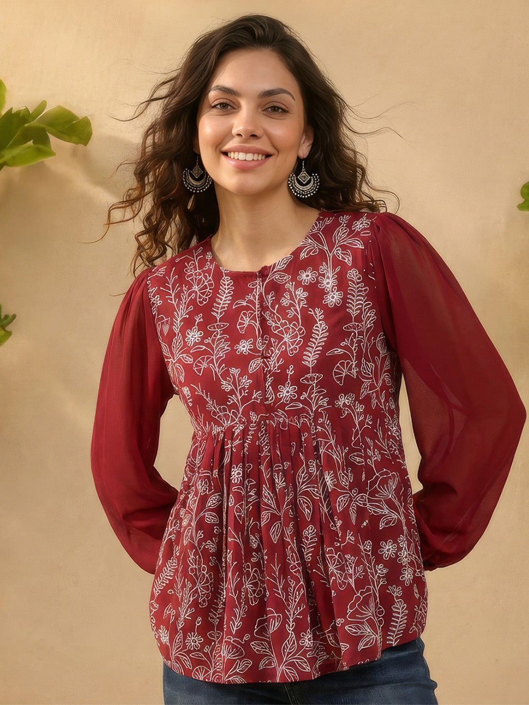 Janasya Women's Maroon Georgette Floral Rubber Print Peplum Top
