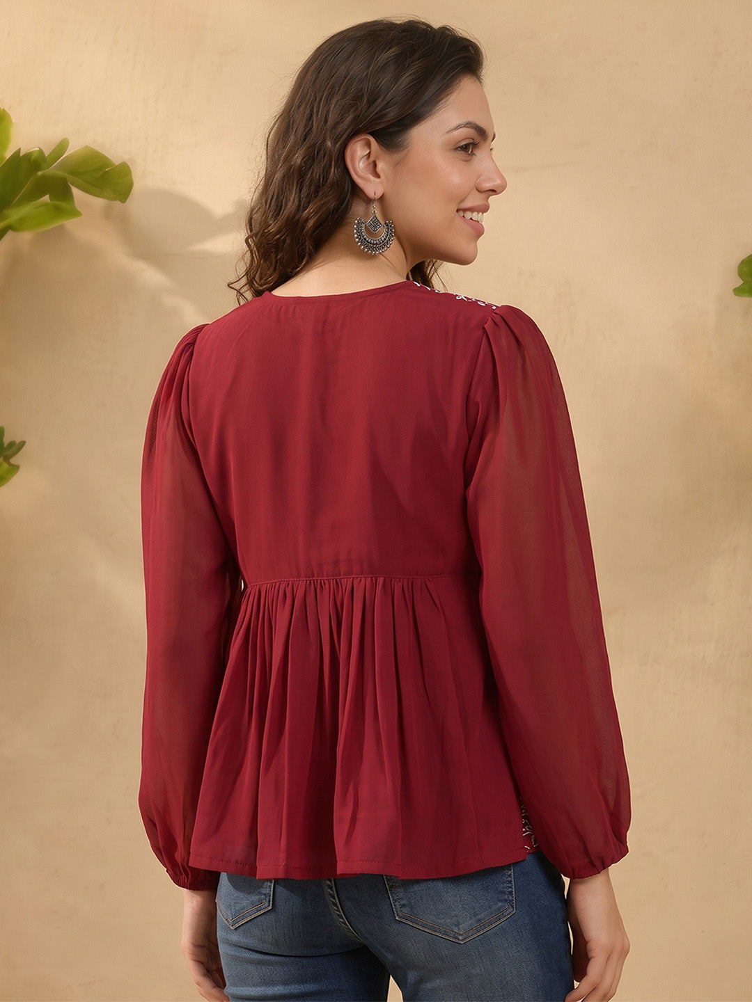 Janasya Women's Maroon Georgette Floral Rubber Print Peplum Top