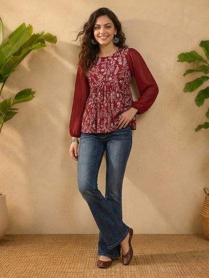 Janasya Women's Maroon Georgette Floral Rubber Print Peplum Top