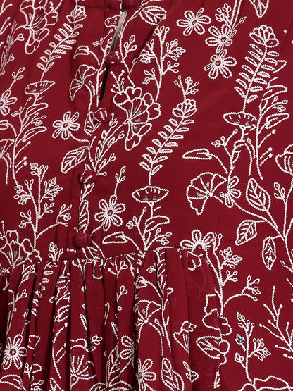 Janasya Women's Maroon Georgette Floral Rubber Print Peplum Top