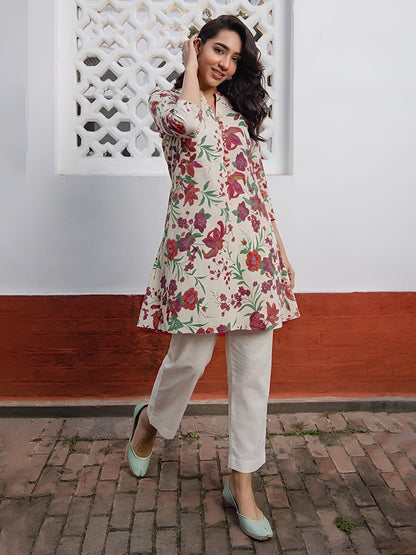 Janasya Women's Cream Pure Cotton Floral Printed Straight Tunic