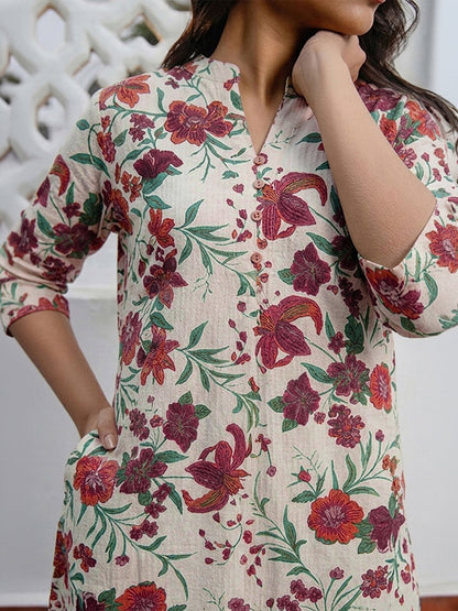 Janasya Women's Cream Pure Cotton Floral Printed Straight Tunic
