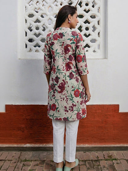 Janasya Women's Cream Pure Cotton Floral Printed Straight Tunic