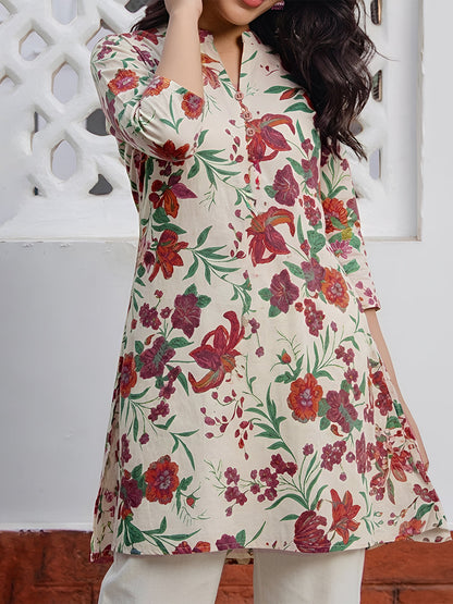 Janasya Women's Cream Pure Cotton Floral Printed Straight Tunic