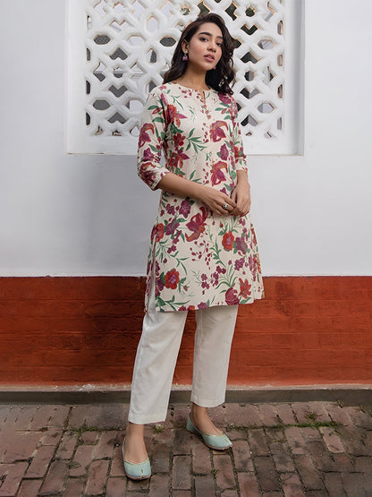 Janasya Women's Cream Pure Cotton Floral Printed Straight Tunic