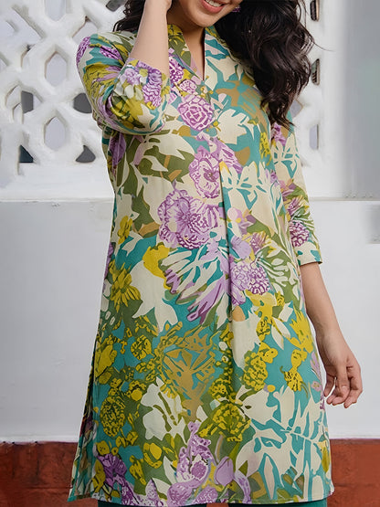 Janasya Women's Multi Pure Cotton Floral Printed A-line Tunic