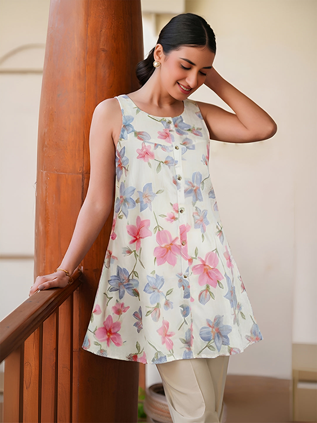 Janasya Women's White Pure Cotton Floral Printed A-line Tunic