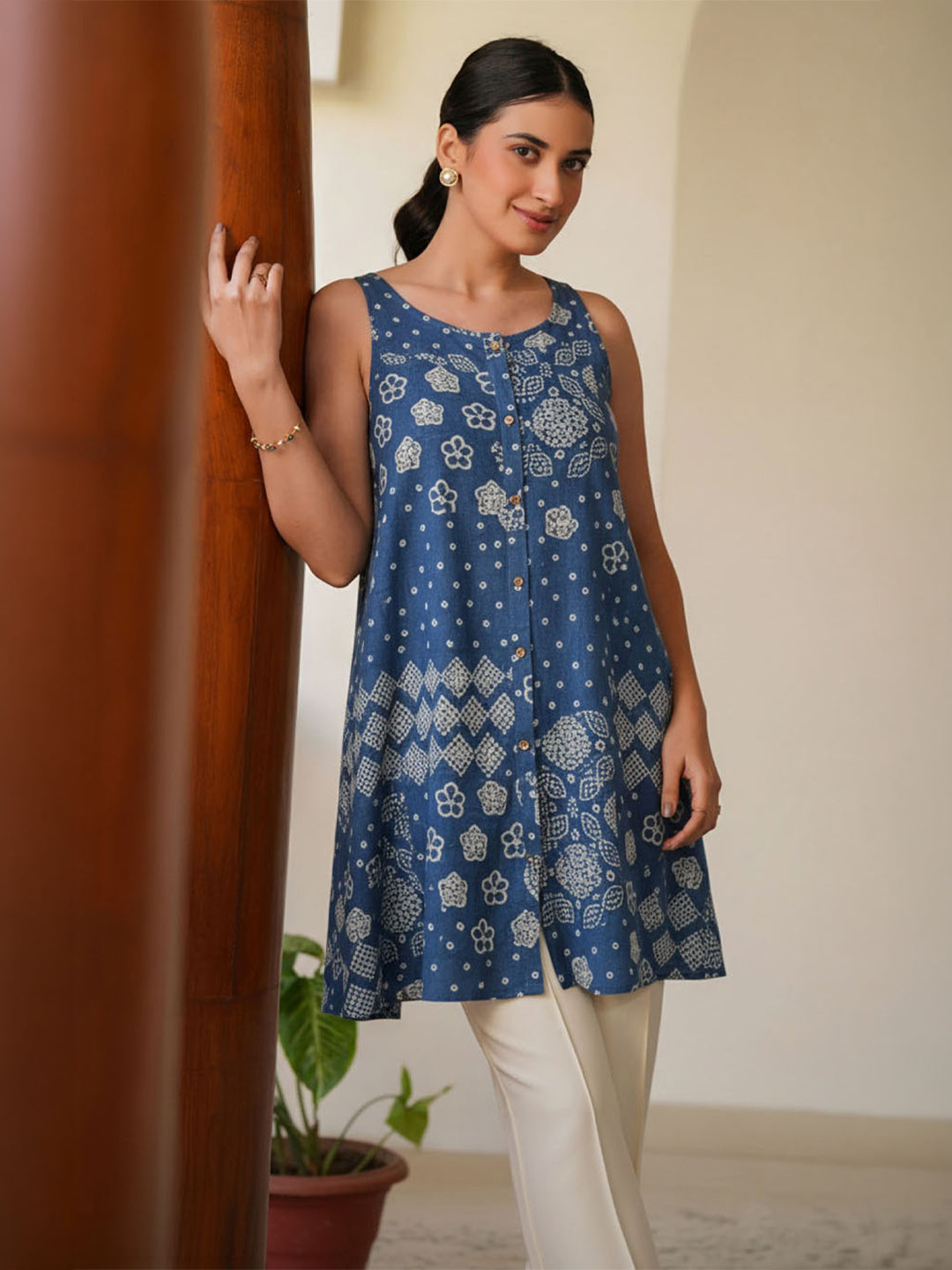 Janasya Women's Teal Blue Pure Cotton Bandhani Printed A-Line Tunic
