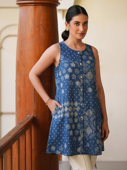 Janasya Women's Teal Blue Pure Cotton Bandhani Printed A-Line Tunic