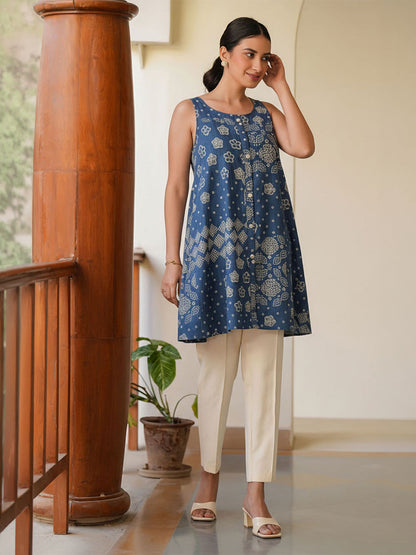 Janasya Women's Teal Blue Pure Cotton Bandhani Printed A-Line Tunic