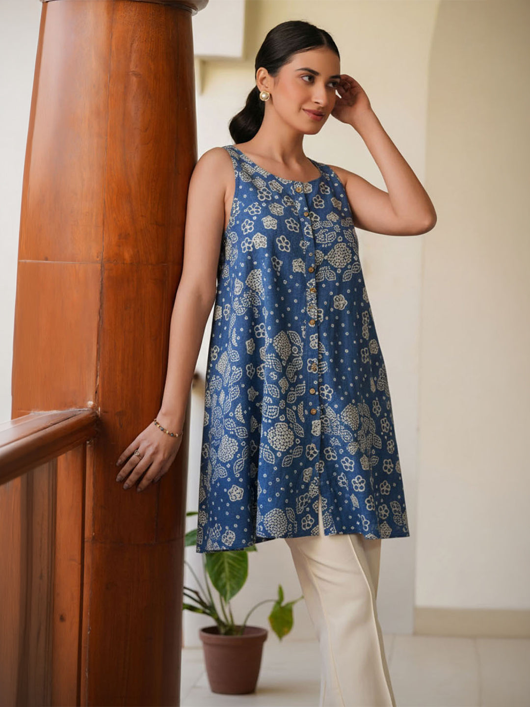 Janasya Women's Teal Blue Pure Cotton Bandhani Printed A-Line Tunic