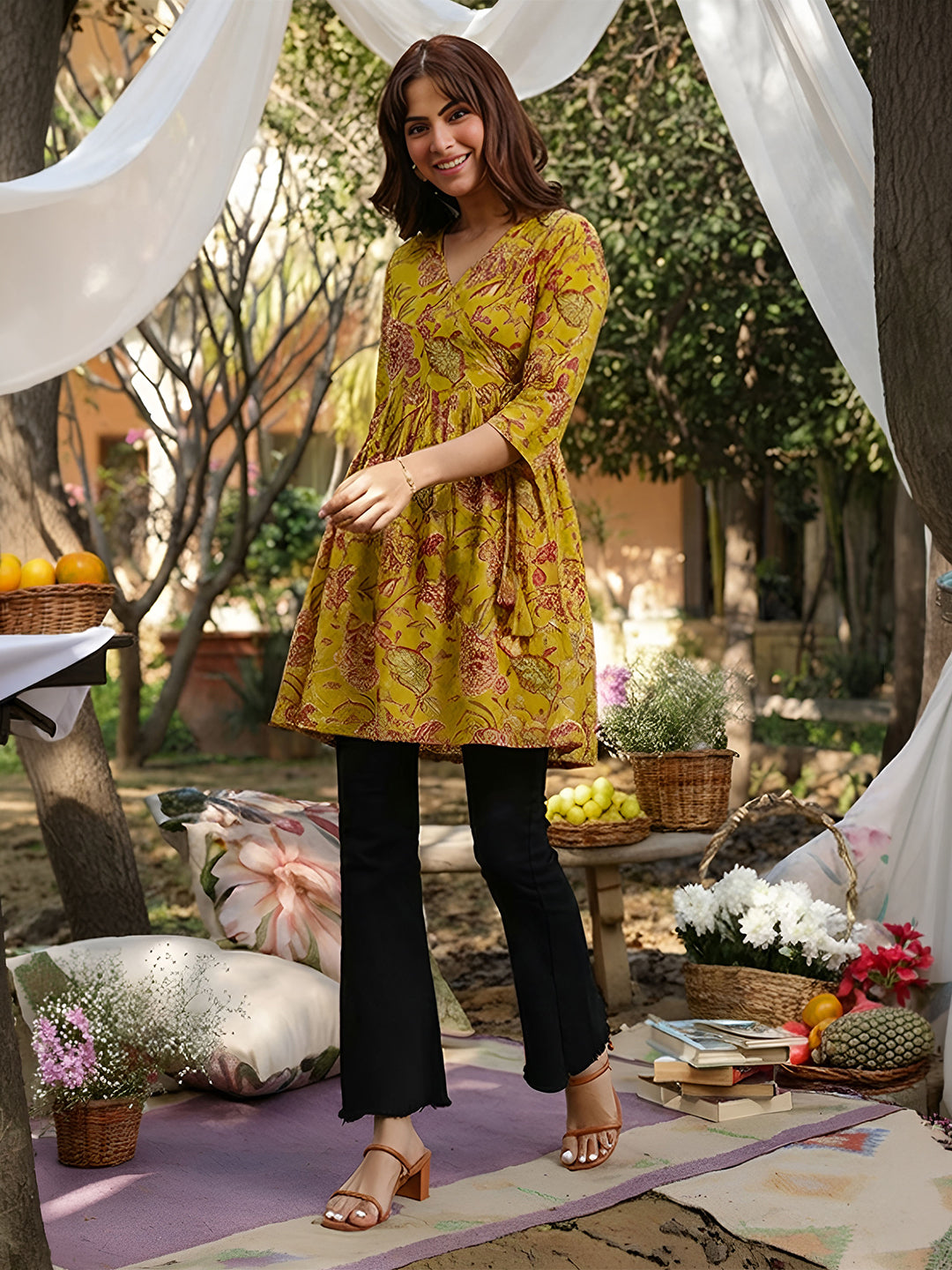 Janasya Women's Mustard Pure Cotton Floral Printed A-Line Tunic