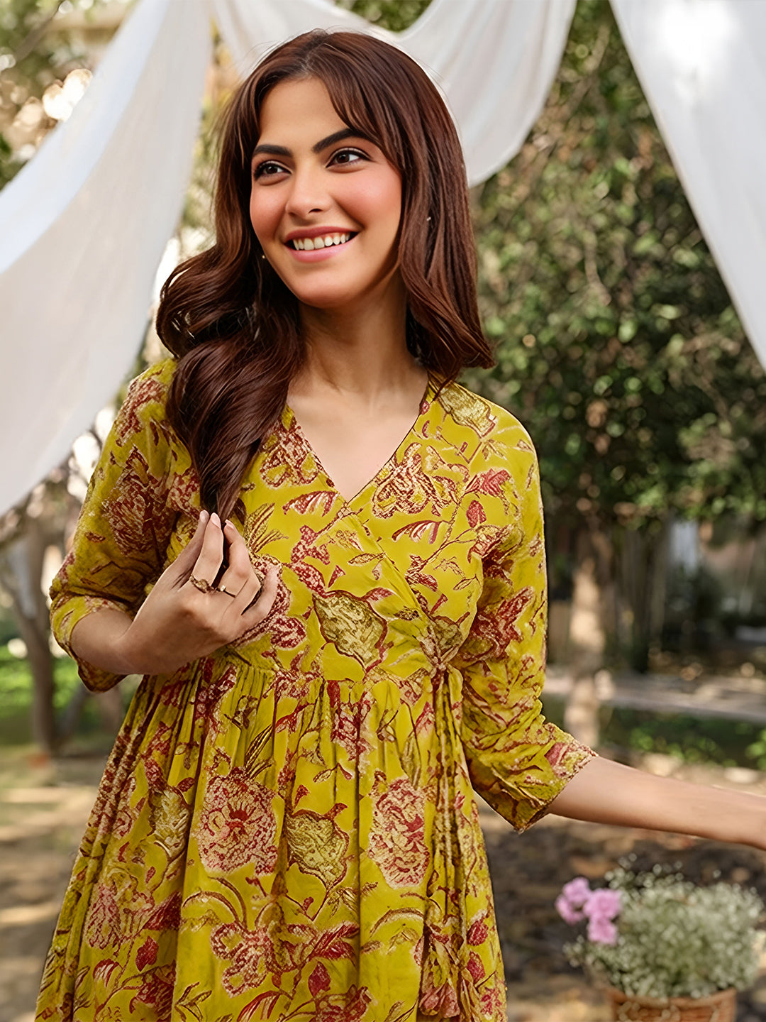 Janasya Women's Mustard Pure Cotton Floral Printed A-Line Tunic