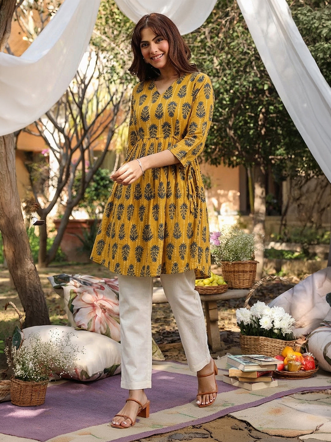 Janasya Women's Mustard Pure Cotton Floral Printed A-Line Tunic