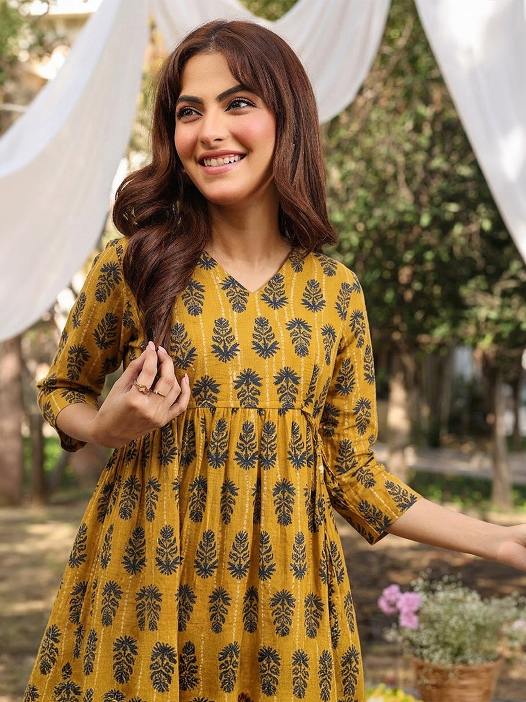 Janasya Women's Mustard Pure Cotton Floral Printed A-Line Tunic