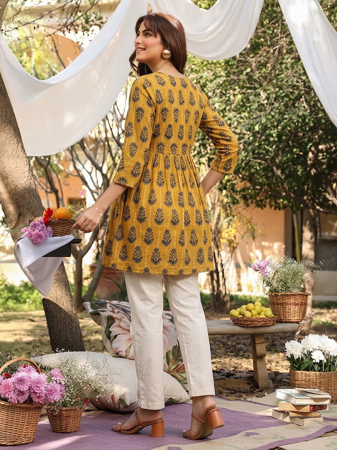 Janasya Women's Mustard Pure Cotton Floral Printed A-Line Tunic