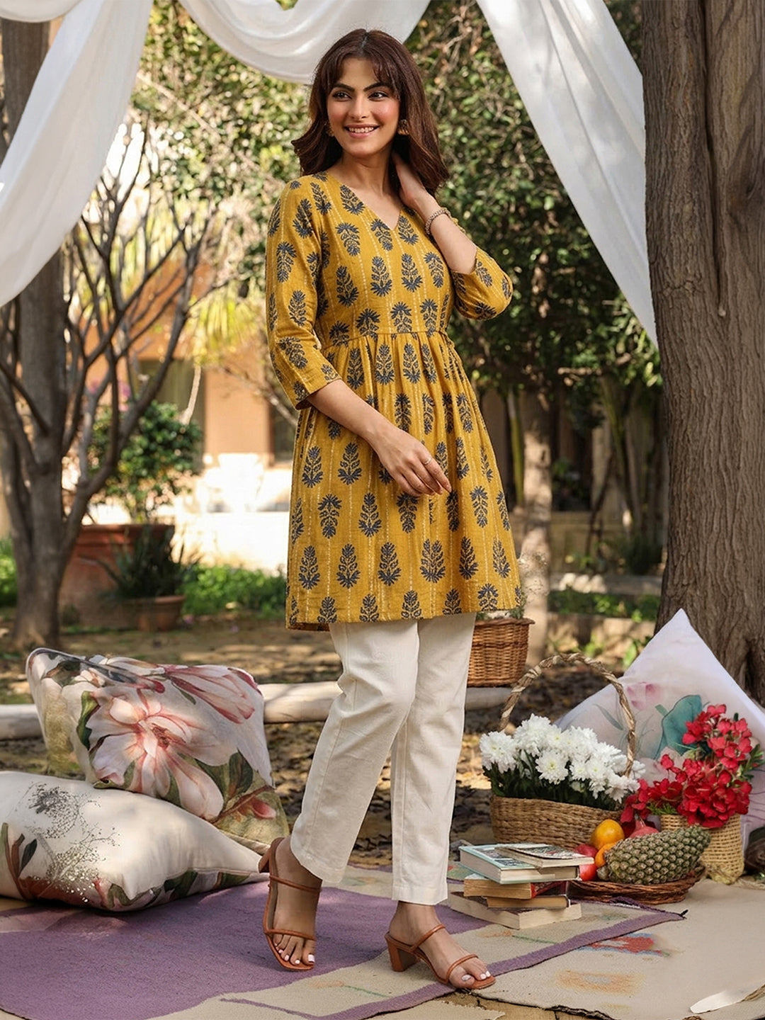 Janasya Women's Mustard Pure Cotton Floral Printed A-Line Tunic