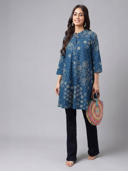 Janasya Women's Teal Blue Pure Cotton Bandhani Printed Flared Tunic