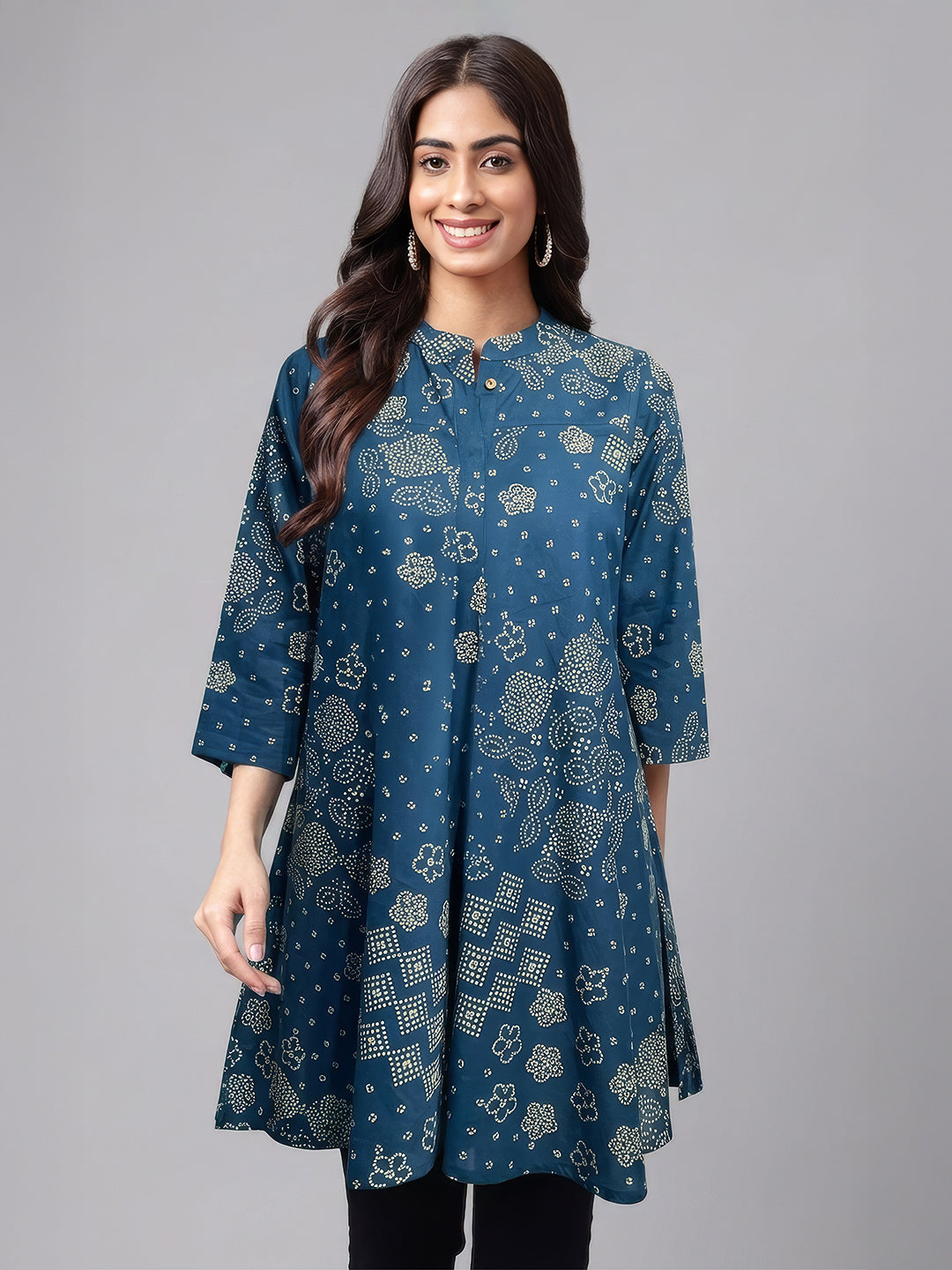 Janasya Women's Teal Blue Pure Cotton Bandhani Printed Flared Tunic