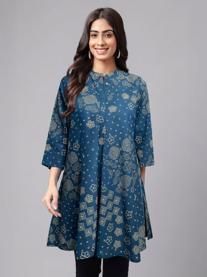 Janasya Women's Teal Blue Pure Cotton Bandhani Printed Flared Tunic