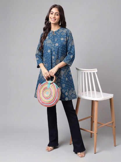 Janasya Women's Teal Blue Pure Cotton Bandhani Printed Flared Tunic