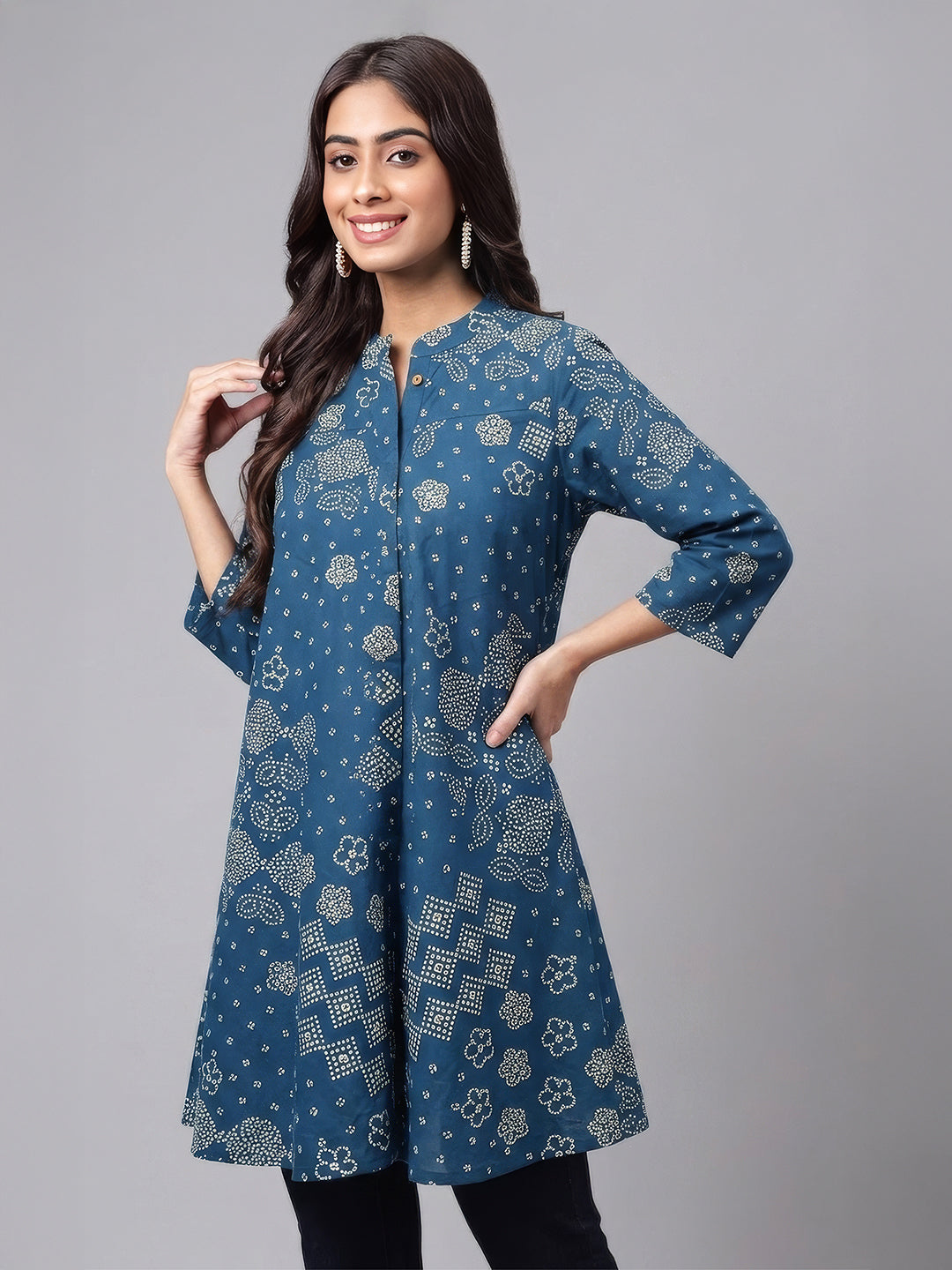Janasya Women's Teal Blue Pure Cotton Bandhani Printed Flared Tunic