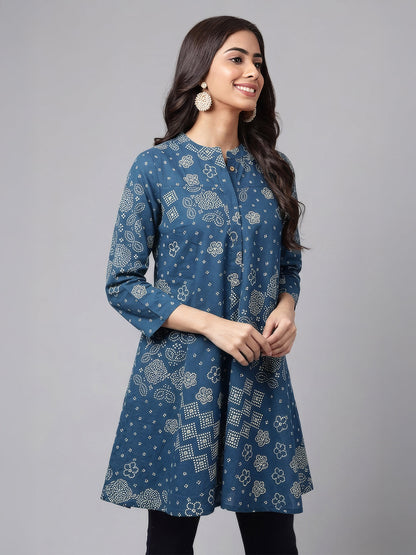 Janasya Women's Teal Blue Pure Cotton Bandhani Printed Flared Tunic