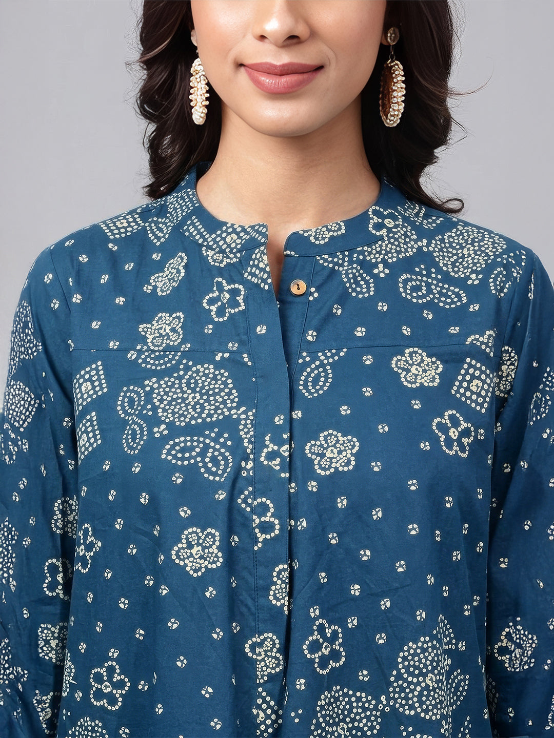 Janasya Women's Teal Blue Pure Cotton Bandhani Printed Flared Tunic