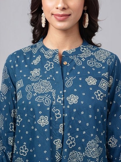 Janasya Women's Teal Blue Pure Cotton Bandhani Printed Flared Tunic